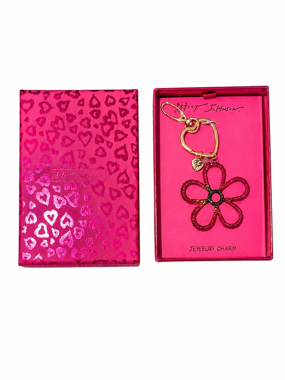 Betsey Johnson Pink Flower Rhinestone Bag Charm Keychain NWT